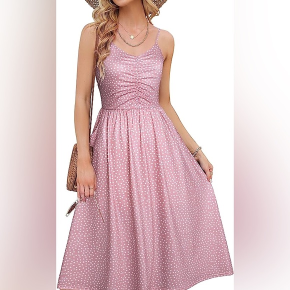 NWT Midi Polka Dot Adjustable Strap Ruched Front Dress - Picture 4 of 14